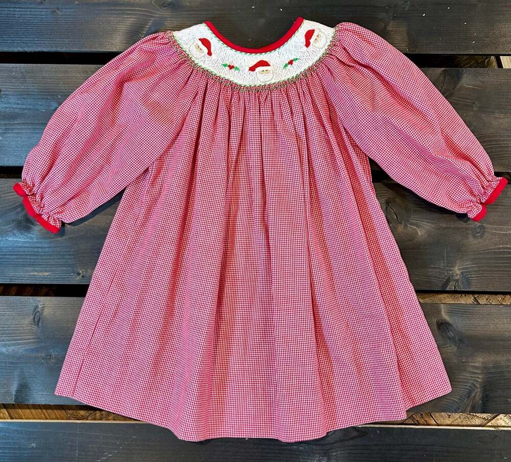 Petit Ami Red Gingham Christmas Tree Bishop Smocked Dress 2T/24 months